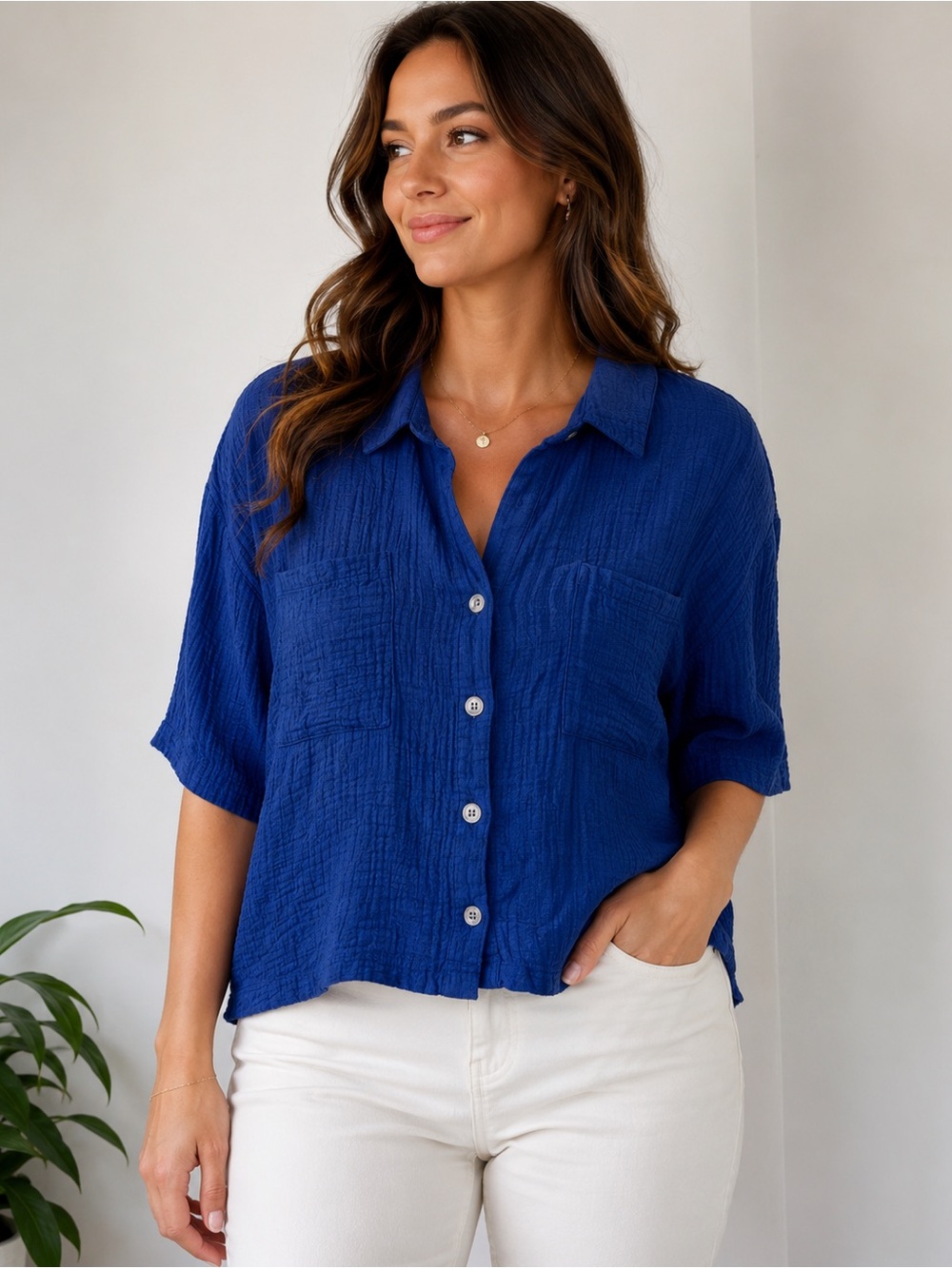 Linen/Viscose Blend MyStyle XL Blue Button down Top